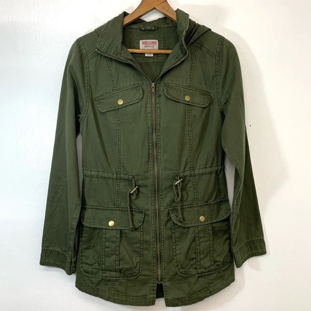 Mossimo Supply Utility Jacket Woman Small Olive Green Cotton Zip Pockets Hood